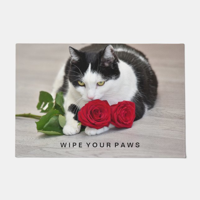 Niedliche Katze mit rote Rose Fußmatte (Vorderseite)