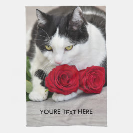 Niedliche Katze mit rote Rose Geschirrtuch