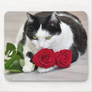 Niedliche Katze mit rote Rose Mousepad