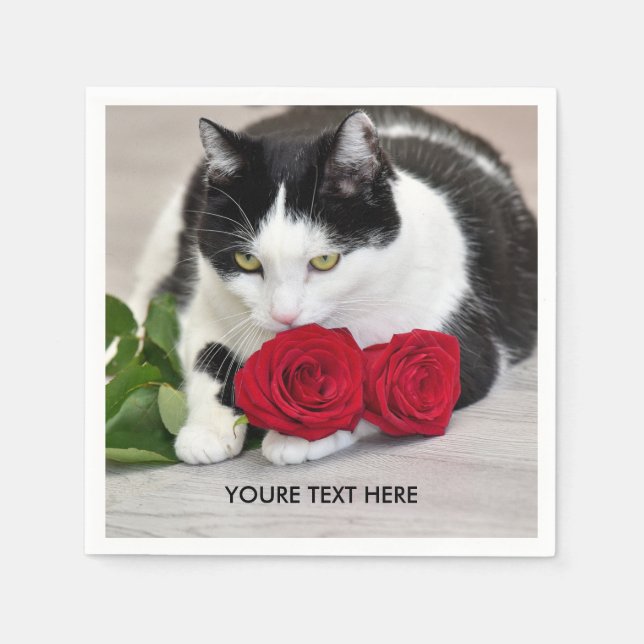 Niedliche Katze mit rote Rose Serviette (Vorderseite)