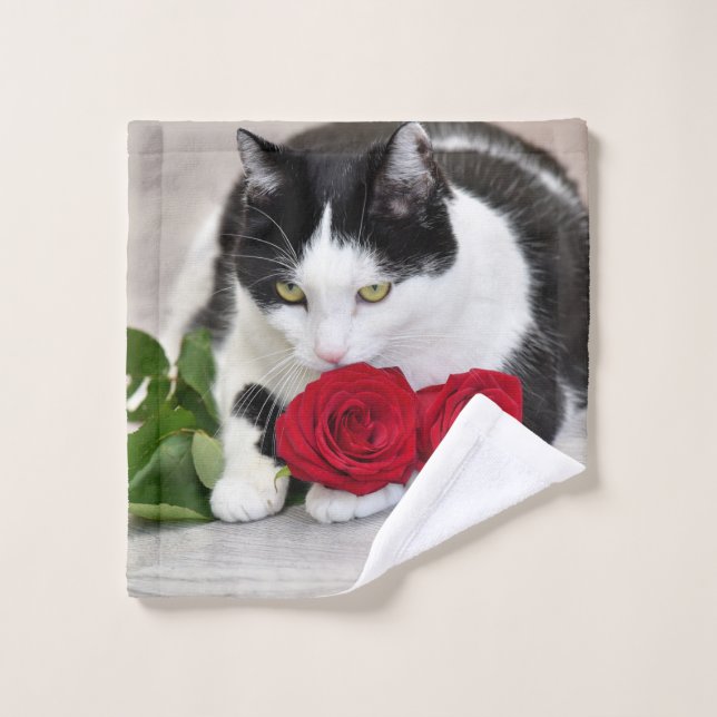 Niedliche Katze mit rote Rose Waschlappen (Waschlappen)