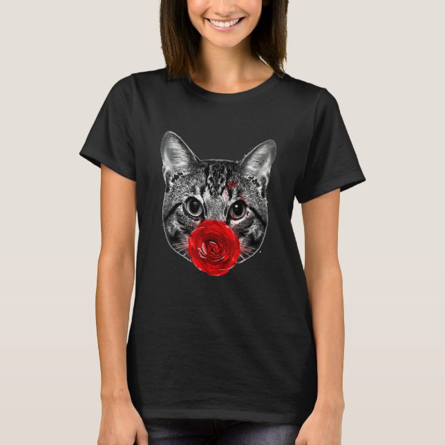 Niedliche Katze mit roter Nase Rose Blume niedlich T-Shirt (Vorderseite)
