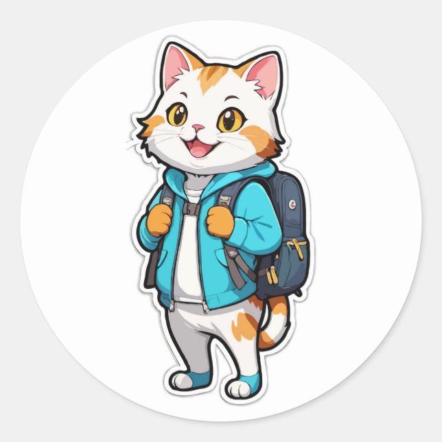 Niedliche Katze mit Rucksack-Aufkleber - Zurück in Runder Aufkleber (Vorderseite)