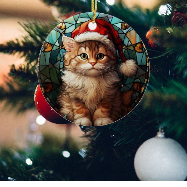 Niedliche Katze mit Santa Cap Festgläserweihnacht Keramik Ornament (Von Creator hochgeladen)