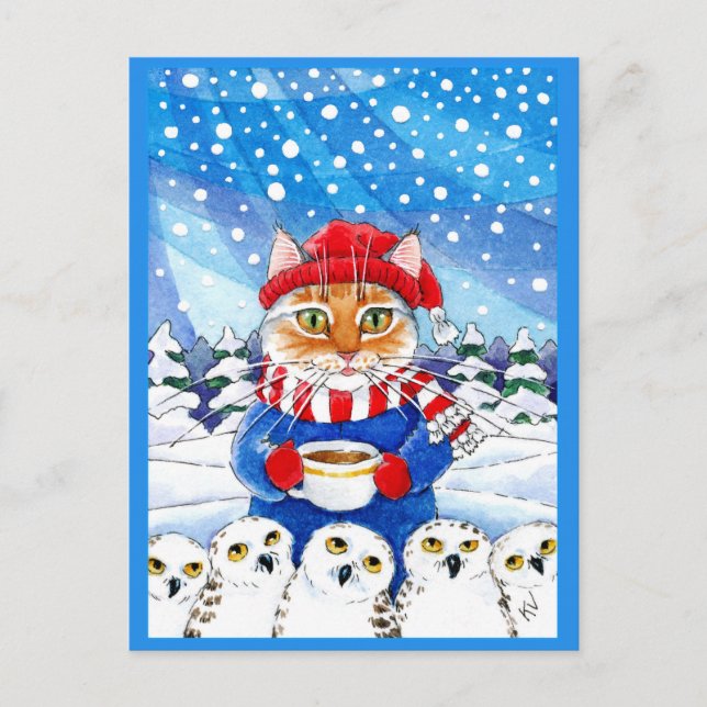 Niedliche Katze mit Snowy Owls Winter Weihnachtspo Postkarte (Vorderseite)