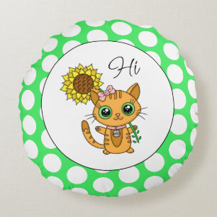 Niedliche Katze mit Sonnenblumen und Polka-Punkten Rundes Kissen