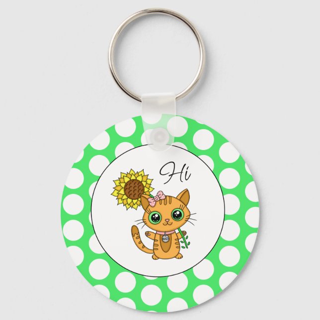 Niedliche Katze mit Sonnenblumen und Polka-Punkten Schlüsselanhänger (Vorderseite)