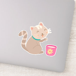 Niedliche Katze mit Teacup-Cartoon Aufkleber