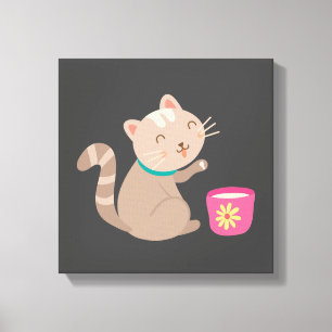 Niedliche Katze mit Teacup-Cartoon Leinwanddruck