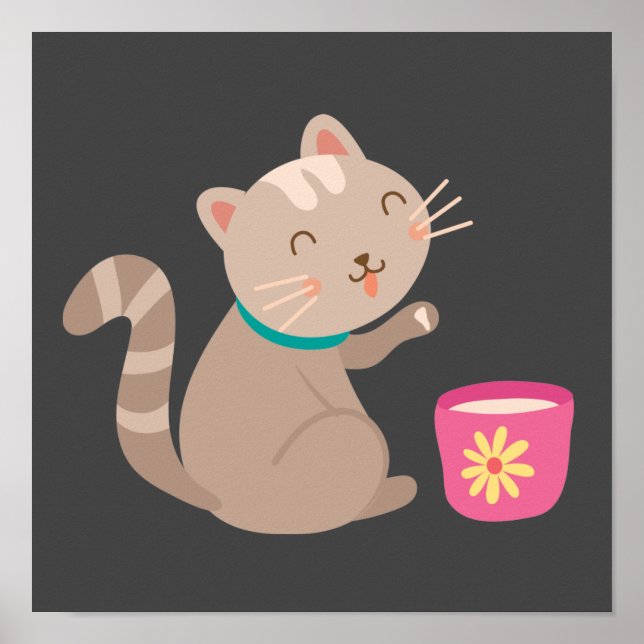 Niedliche Katze mit Teacup-Cartoon Poster (Vorne)