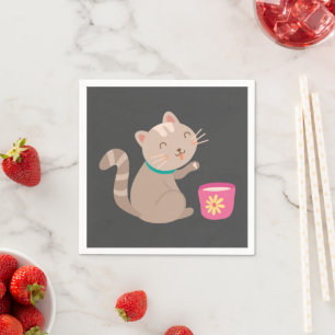 Niedliche Katze mit Teacup-Cartoon Serviette