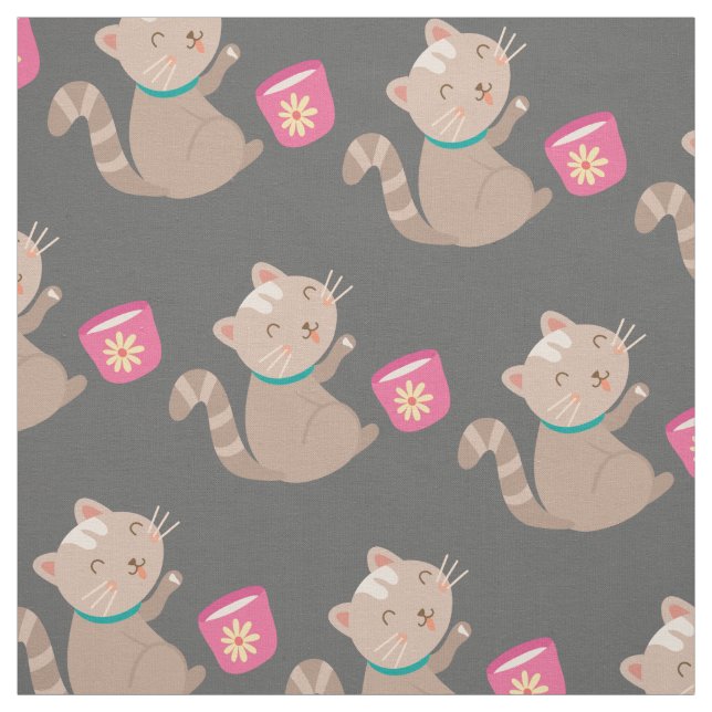 Niedliche Katze mit Teacup-Cartoon Stoff (Muster)