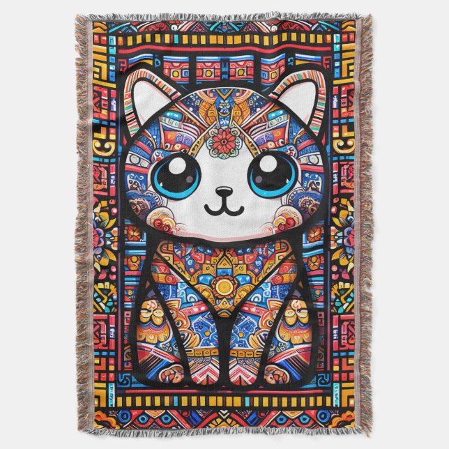 Niedliche Katze mit traditionellem Muster Decke (Vorderseite Vertikal)