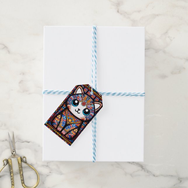 Niedliche Katze mit traditionellem Muster Geschenkanhänger (Mit Garn)