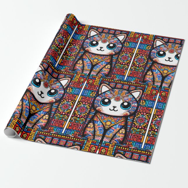 Niedliche Katze mit traditionellem Muster Geschenkpapier (Ungerollt)