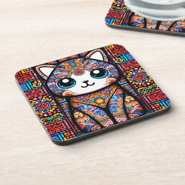 Niedliche Katze mit traditionellem Muster Getränkeuntersetzer (Linke Seite)