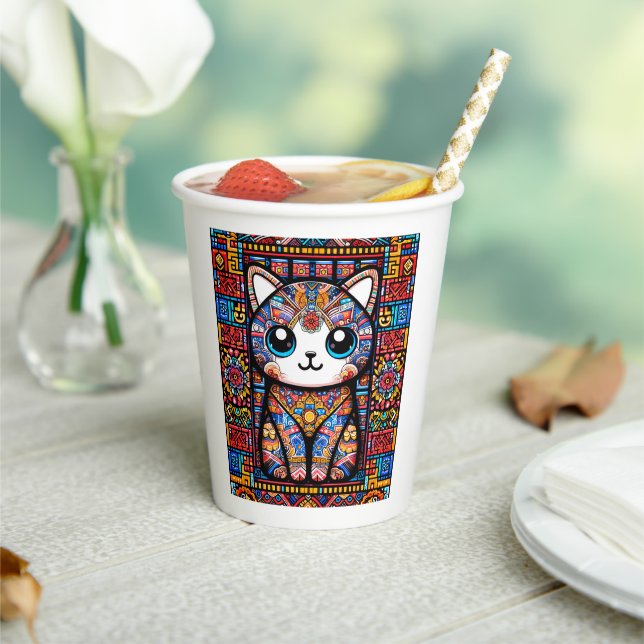 Niedliche Katze mit traditionellem Muster Pappbecher (In Situ)