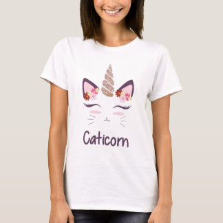 Niedliche Katze mit Unicorn-Horn und Blumen-T - T-Shirt