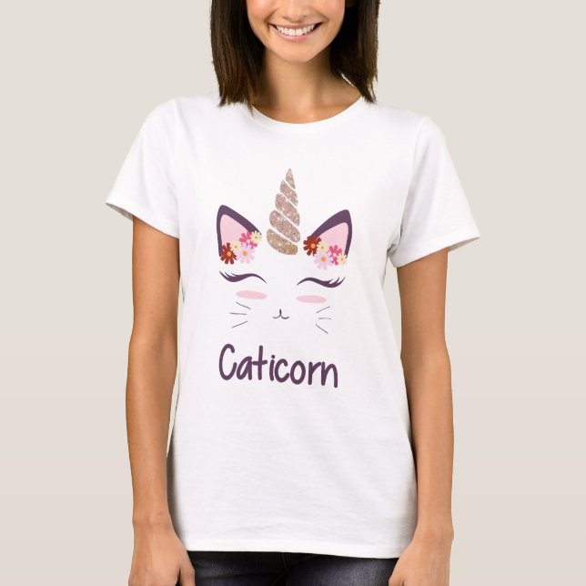 Niedliche Katze mit Unicorn-Horn und Blumen-T - T-Shirt (Vorderseite)