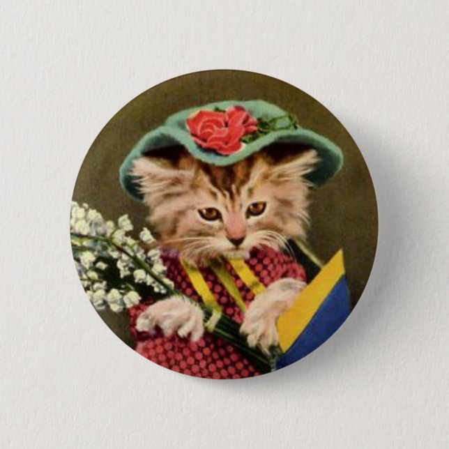 Niedliche Katze mit Vintagem Hut Button (Vorderseite)