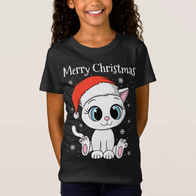 Niedliche Katze mit Weihnachtsmannmütze Frohe Weih T-Shirt (Vorderseite)