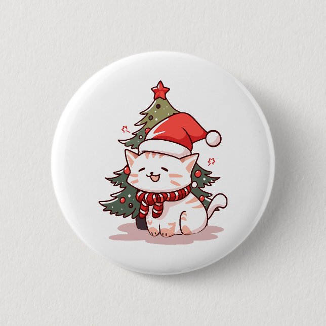 Niedliche Katze mit Weihnachtsmannmütze in der Näh Button (Vorderseite)