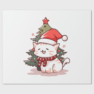 Niedliche Katze mit Weihnachtsmannmütze in der Näh Geschenkpapier