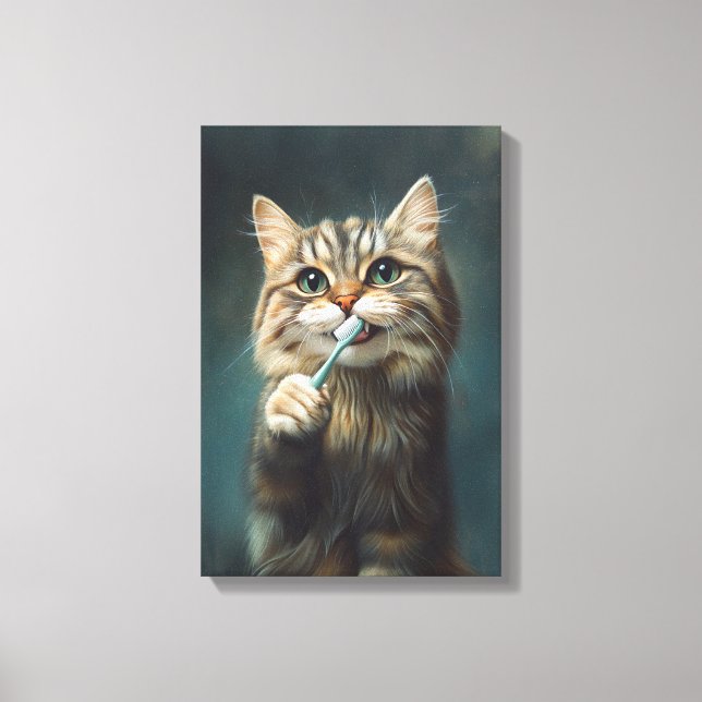 Niedliche Katze mit Zahnbürste Perfekt für das Bad Leinwanddruck (Vorderseite)