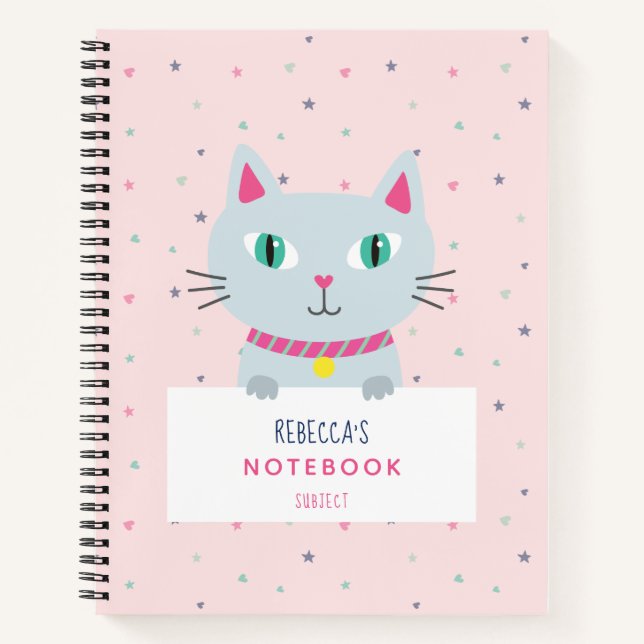 Niedliche Katze Moderner Name Rosa Personalisiert Notizbuch (Vorderseite)