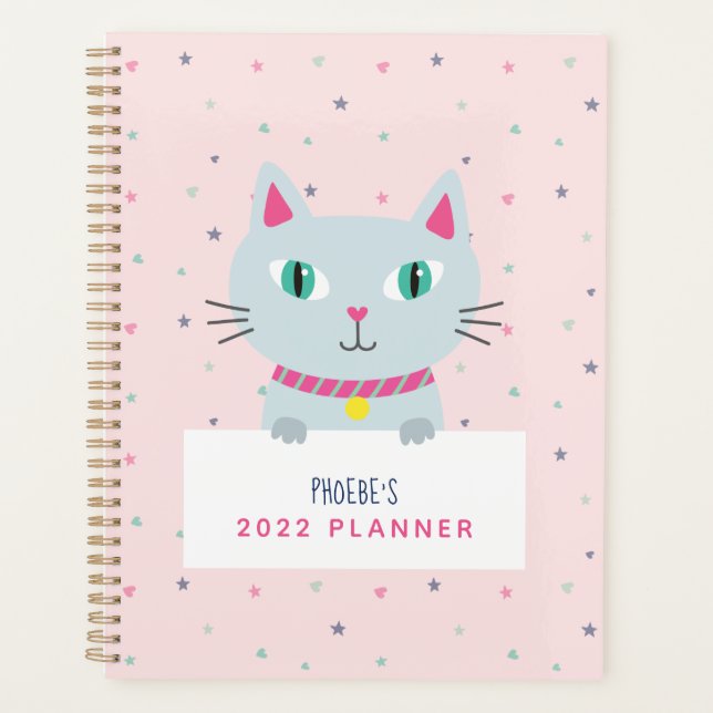 Niedliche Katze Moderner Name Rosa Personalisiert Planer (Vorderseite)