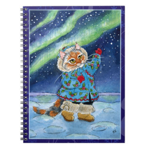 Niedliche Katze, Nordlichter, Winter Notizbuch Notizblock