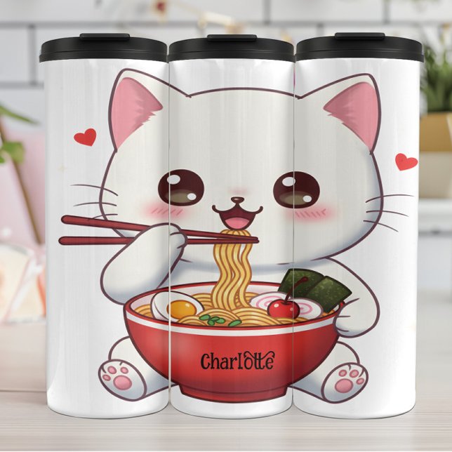 Niedliche Katze: Ramen Fest, glückliche Herzen Thermosbecher (Von Creator hochgeladen)