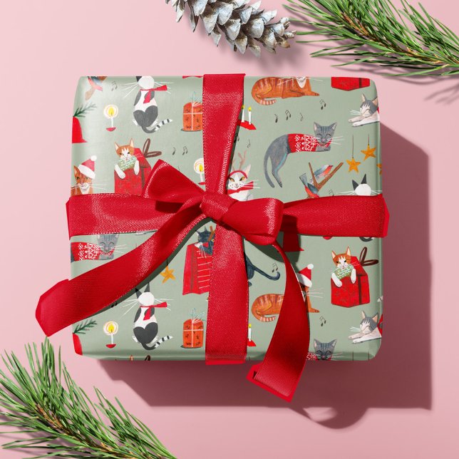 Niedliche Katze Retro Vintag Grün Weihnachten Geschenkpapier (Cute cat Retro Vintage Green Christmas Wrapping Paper)
