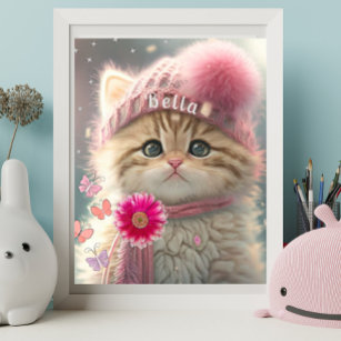 Niedliche Katze Rosa Strick Scarf Hat Floral Perso Poster