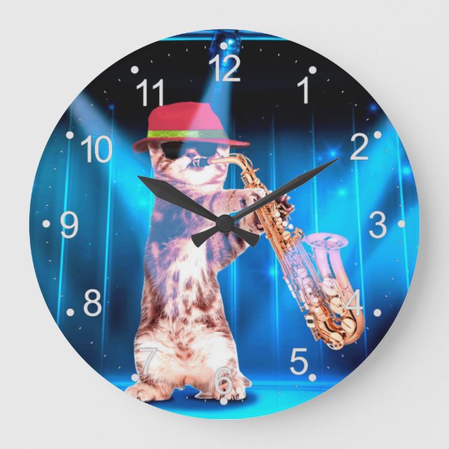 Niedliche Katze Saxophonist Große Wanduhr (Vorderseite)