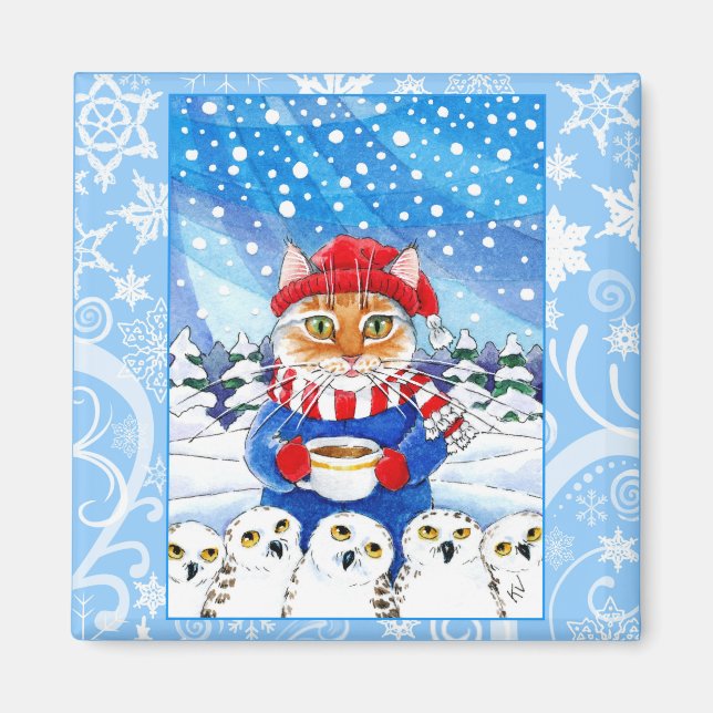 Niedliche Katze, schneebedeckte Winterlandschaft Magnet (Vorne)