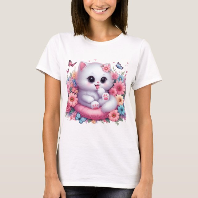 Niedliche Katze, schöne Blume T-Shirt (Vorderseite)