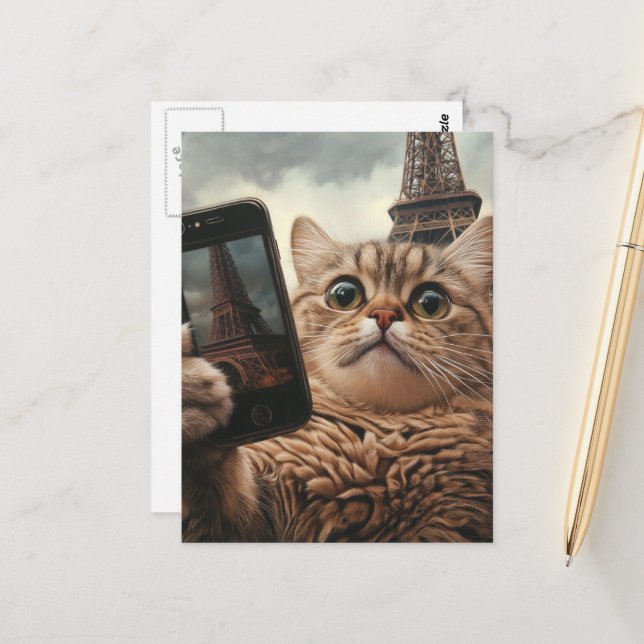 Niedliche Katze Selfie in Paris Postkarte (Vorderseite/Rückseite Beispiel)