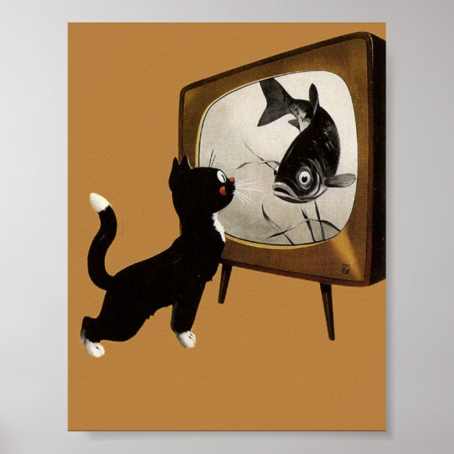 Niedliche Katze sieht TV-Vintage-Plakat Poster (Vorne)
