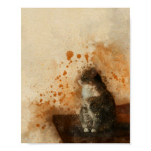 Niedliche Katze sitzt auf einem Tisch Aquarellbild