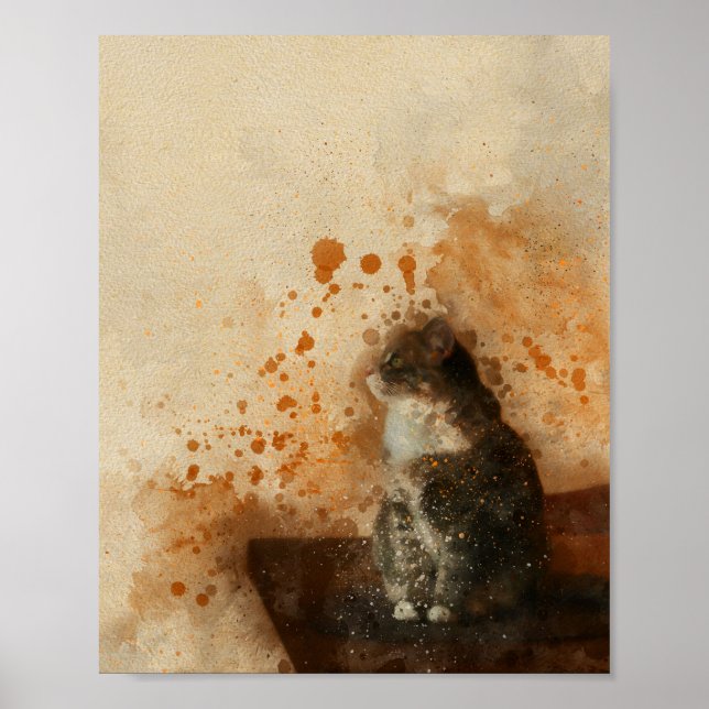 Niedliche Katze sitzt auf einem Tisch Aquarellbild Poster (Vorne)