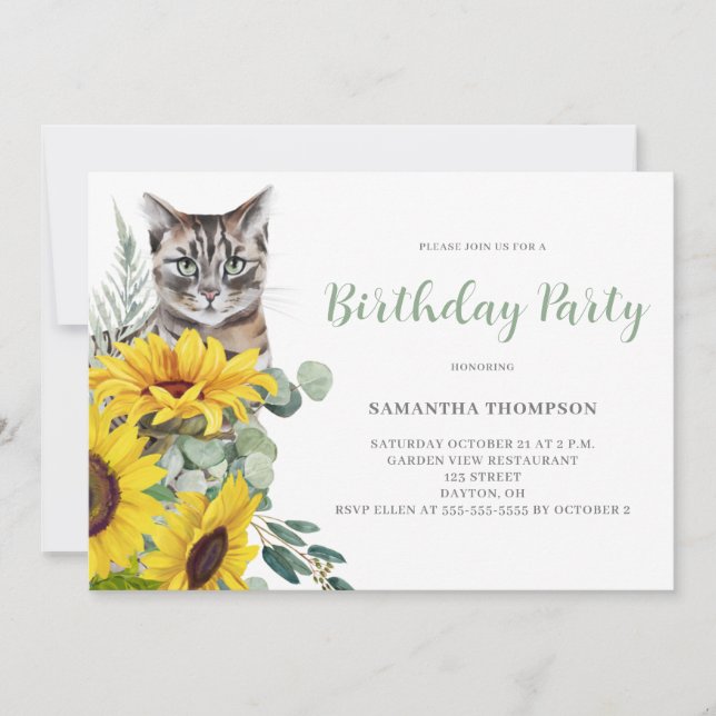 Niedliche Katze Sonnenblumen Blume Geburtstag Einl Einladung (Vorderseite)