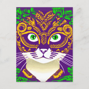 Niedliche Katze Tragen einer Mardi Gras Maske Postkarte