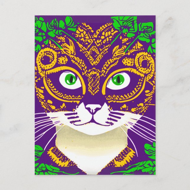 Niedliche Katze Tragen einer Mardi Gras Maske Postkarte (Vorderseite)