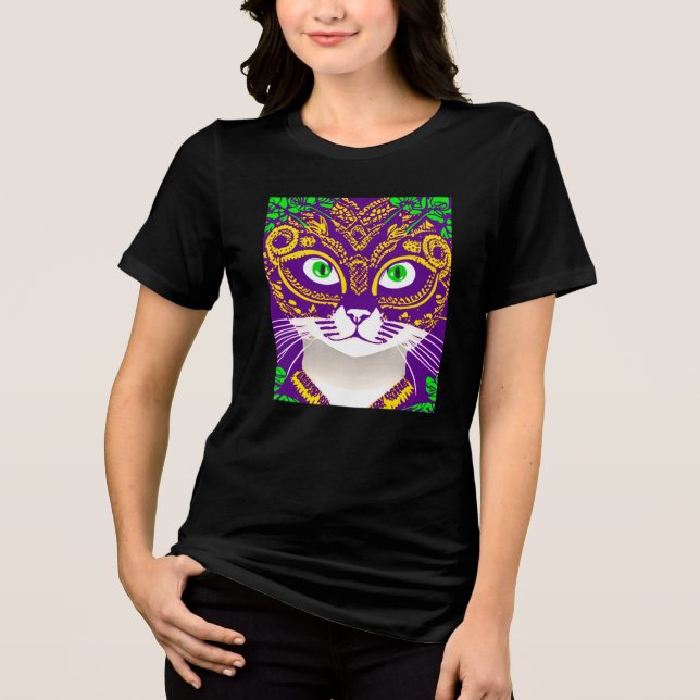 Niedliche Katze Tragen einer Mardi Gras Maske Tri-Blend Shirt (Vorderseite)