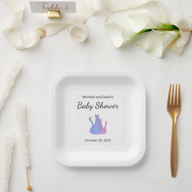 Niedliche Katze TwinsBaby Dusche Blau Pink Pappteller (Hochzeit)