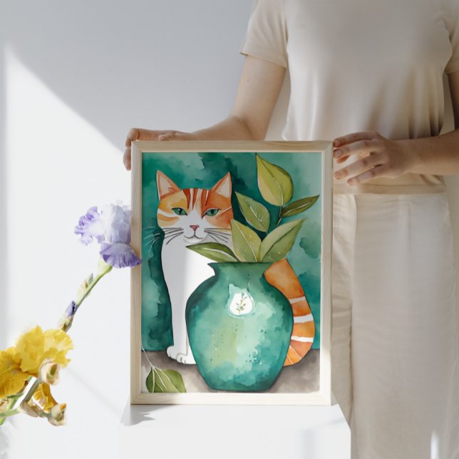 Niedliche Katze und Aquamarine Grüne Vase Botanisc Poster (Von Creator hochgeladen)