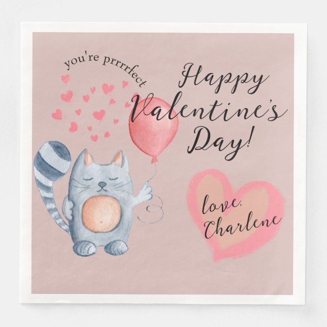 Niedliche Katze und Balloon Valentinstag Serviette (Vorderseite)