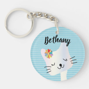 Niedliche Katze und Blume Personalisiert Schlüsselanhänger