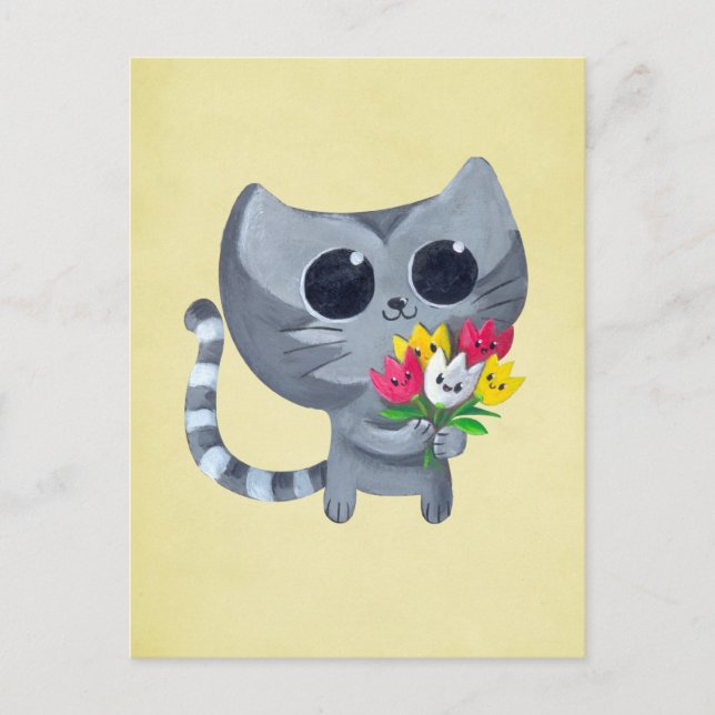 Niedliche Katze und Blume Postkarte (Vorderseite)